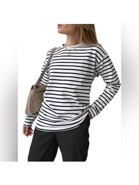 NEW LilyCoco Striped Long Sleeve Shirt Crewneck Cotton Loose Fit T Shirt XL